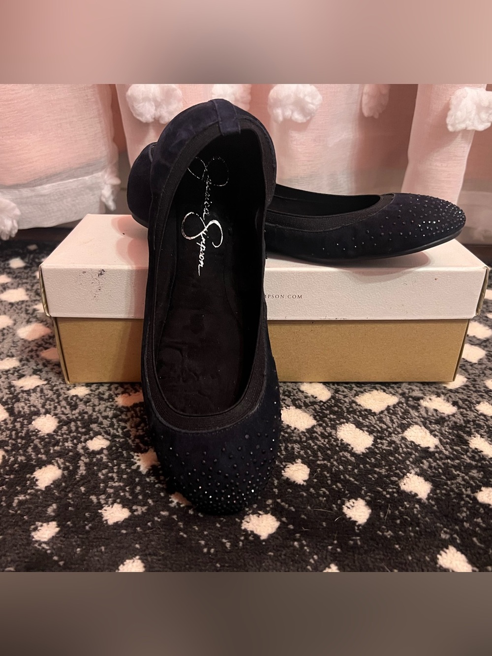 Jessica Simpson Melinda Black and Navy Crystal-Accented Ballet Flats
